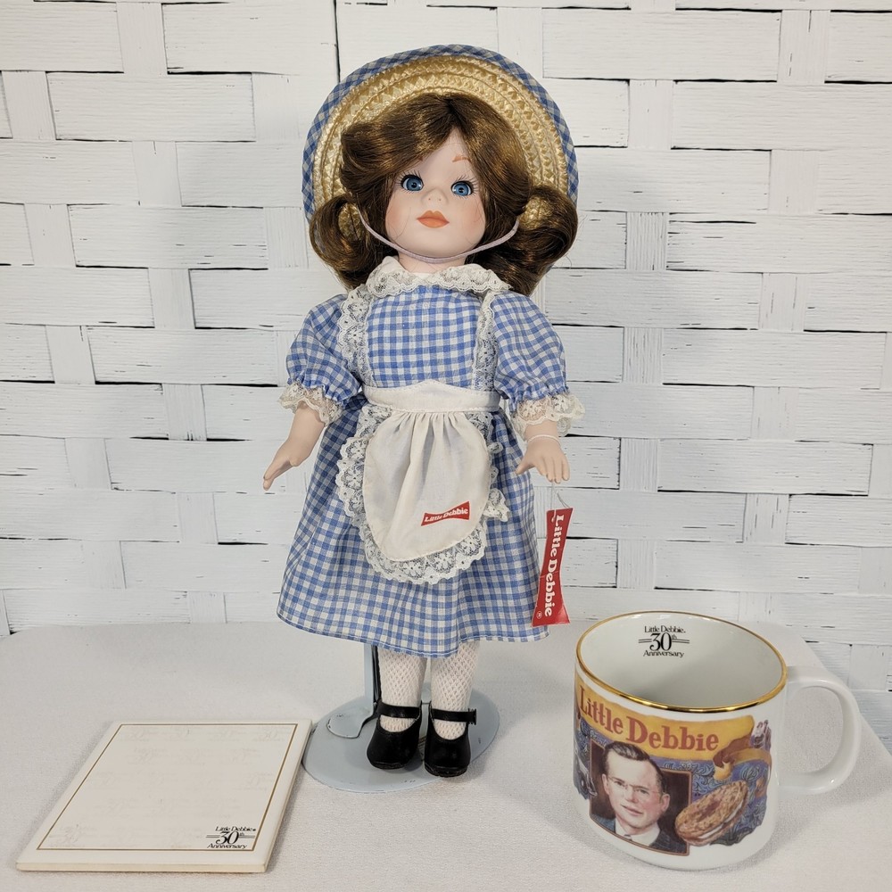 Vintage 30th Anniversary Little Debbie Porcelain Doll w/ Stand, Mug, Coaster